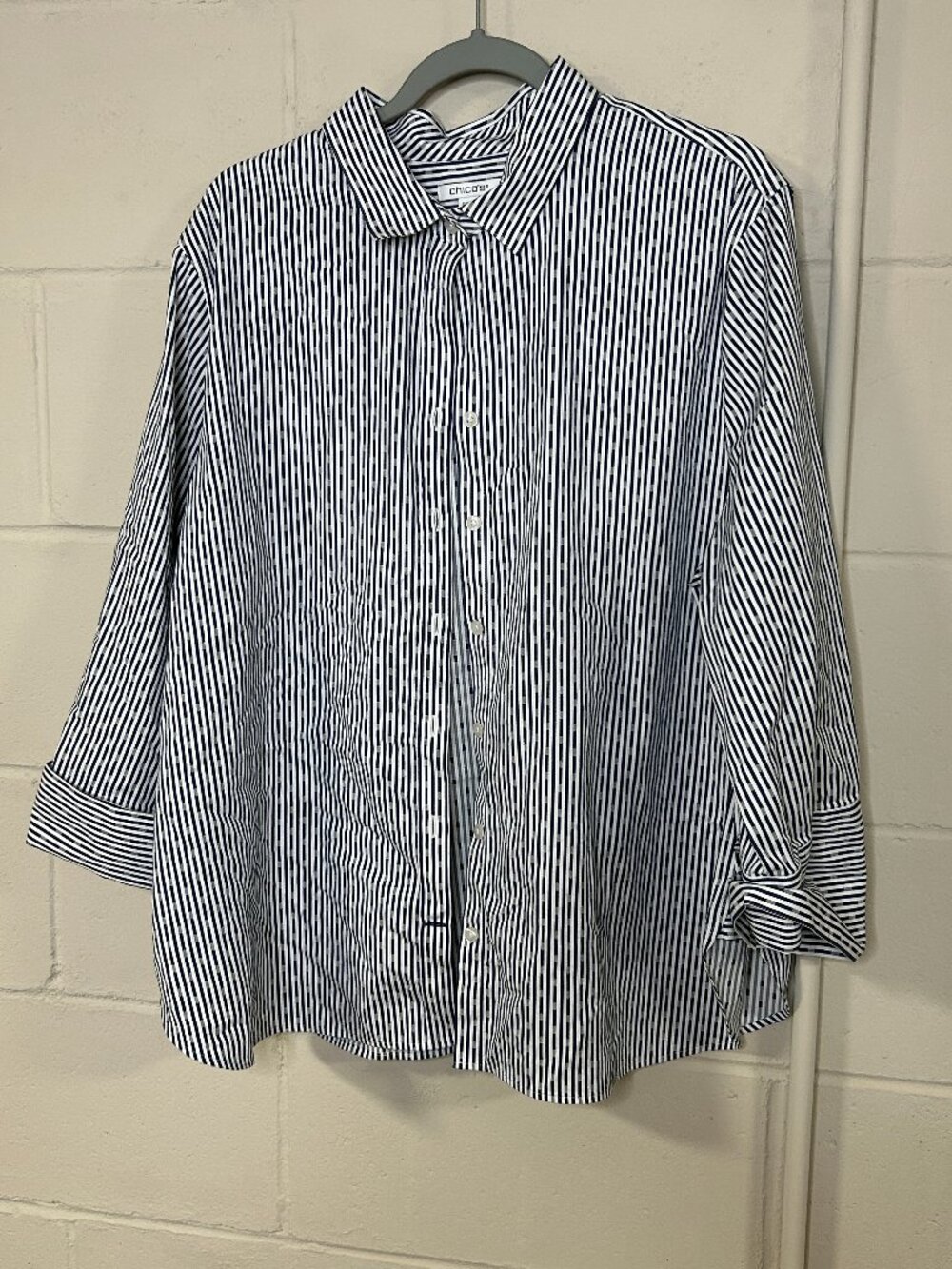 Chicos Top Womens 4 20 XXL Button Up Striped Polka Dot Cotton Natural Blue White